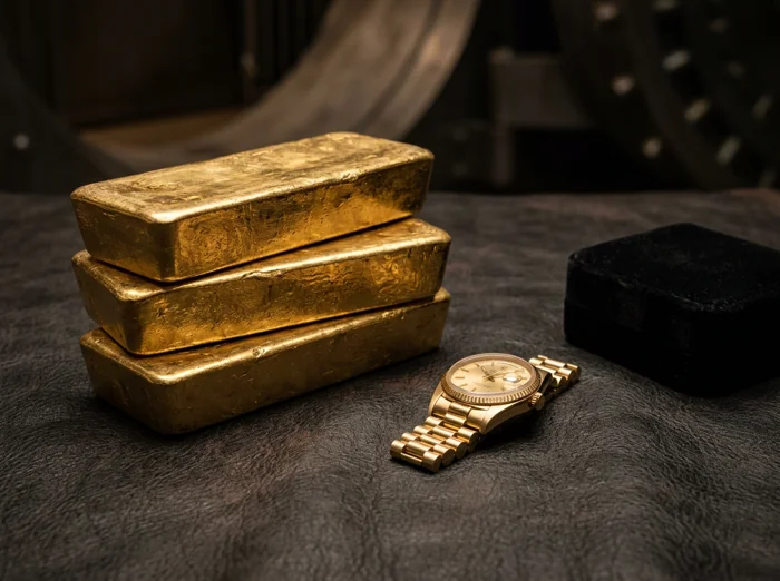 Gold bars and a valuable wristwatch