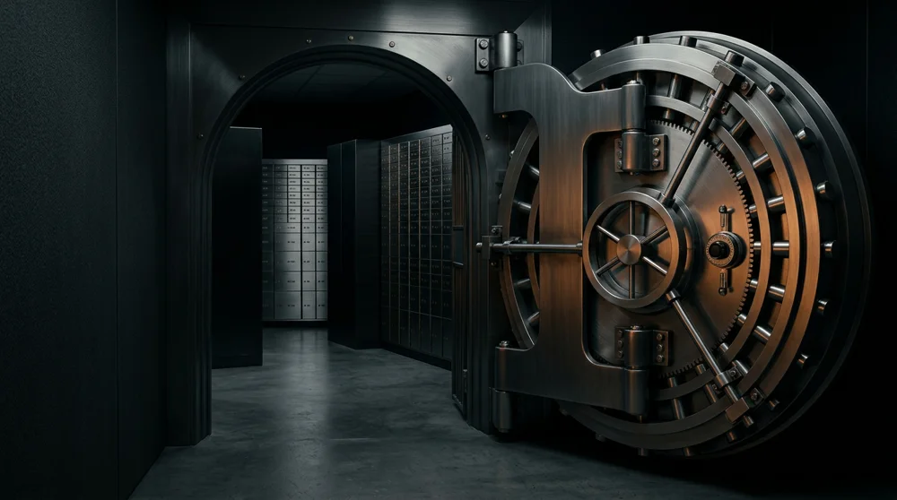 Steel vault door opening into a deposit-box room